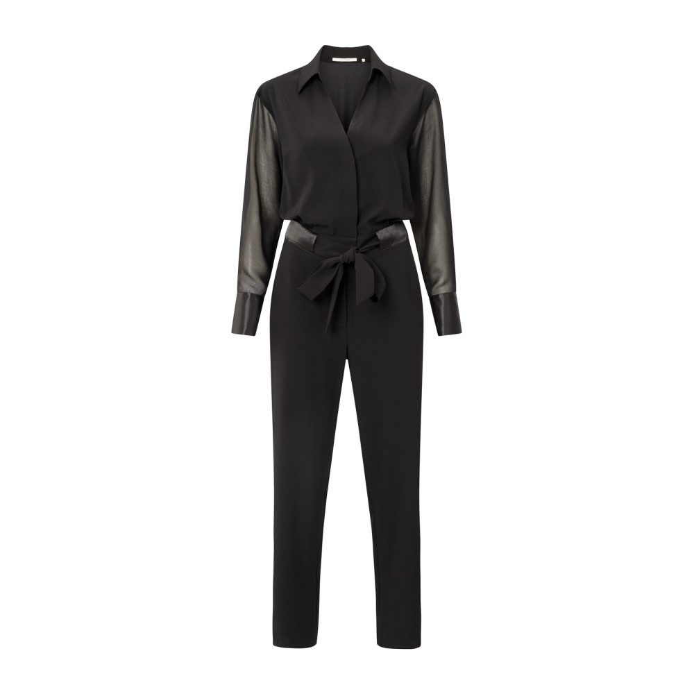 Jumpsuit met strikceintuur en lange doorschijnende mouwen
